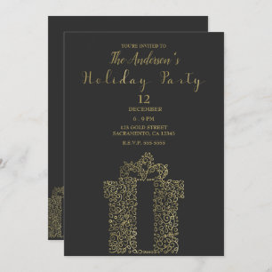 Charcoal & Gold Gift Present Elegant Holiday Party Invitation