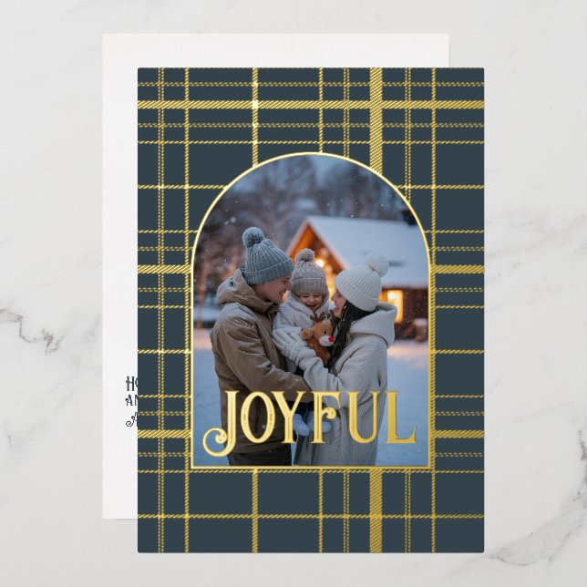 Charcoal & Gold Gingham Christmas Holiday Photo (Front/Back)