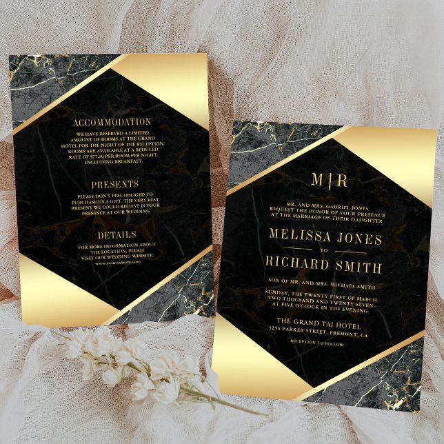 Charcoal Gold Marble Monogram All in One Wedding Invitation (Creator Uploaded)