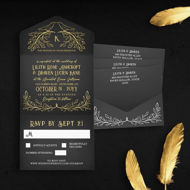 Charcoal & Gold Raven Monogram Goth Wedding All In One Invitation (Creator Uploaded)