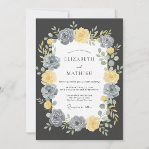 Charcoal Golden Wreath Wedding Invitation