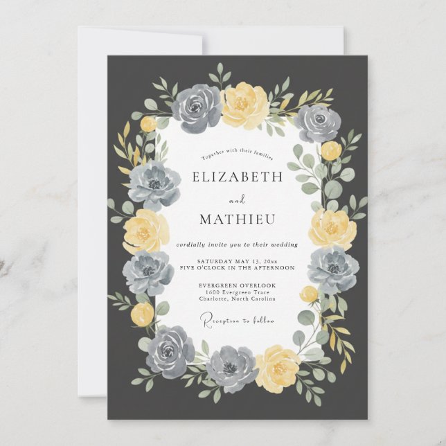 Charcoal Golden Wreath Wedding Invitation (Front)