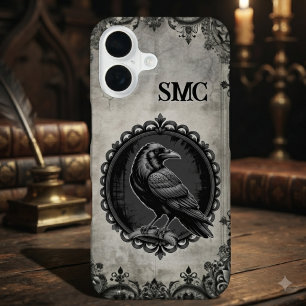 Charcoal Gothic Raven Monogram Initial iPhone 16 Case