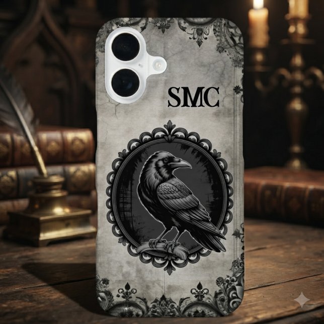 Charcoal Gothic Raven Monogram Initial iPhone 16 Case (Gothic raven monogram phone case for dark academia fans, perfect for moody everyday style.)