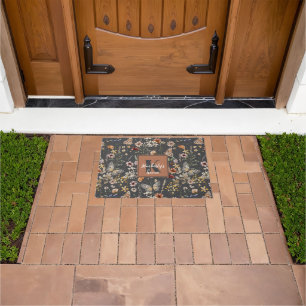 Charcoal Gray Boho Floral Monogrammed Doormat