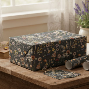 Charcoal Gray Boho Watercolor Wildflowers  Wrapping Paper