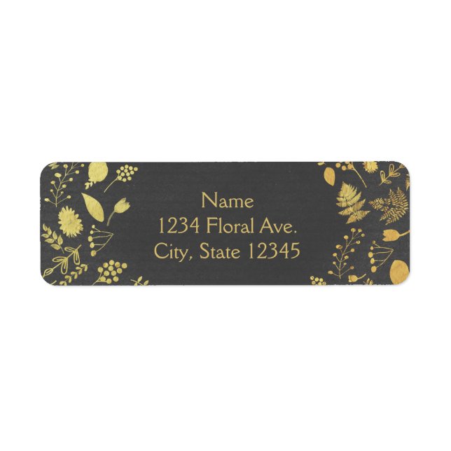 Charcoal Gray & Gold Floral Wedding Address Labels (Front)