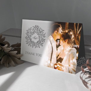 Charcoal gray leaves monogram wedding photos thank you card