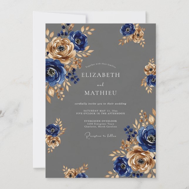 Charcoal Gray Majestic Botanical Wedding Invitation (Front)