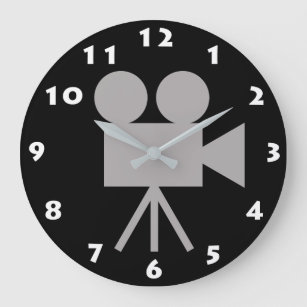 CHARCOAL GRAY RETRO MOVIE CAMERA AND WHITE NUMBERS LARGE CLOCK