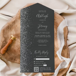 Charcoal Gray Silver Glitter QR Code Wedding All In One Invitation