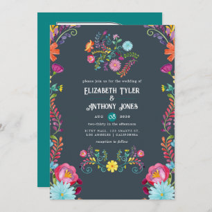 Charcoal Gray & Teal Floral Mexican Fiesta Wedding Invitation