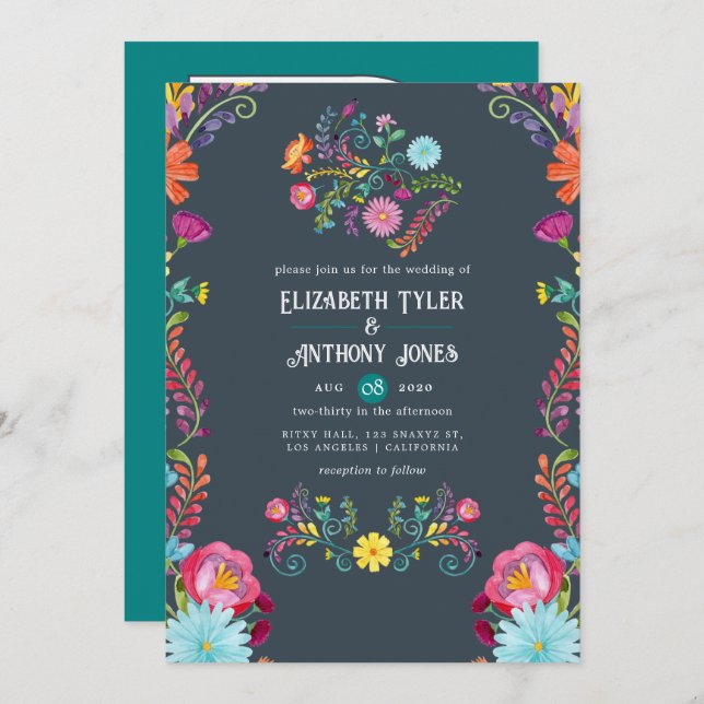 Charcoal Gray & Teal Floral Mexican Fiesta Wedding Invitation (Front/Back)