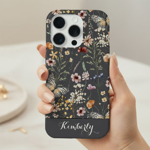 Charcoal Gray Watercolor Wildflowers Pattern Name  iPhone 15 Pro Case