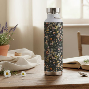 Charcoal Gray Watercolor Wildflowers Water Bottle