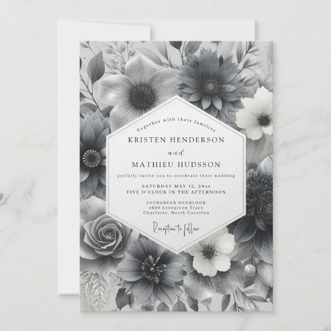 Charcoal Grayscale Bloom Wedding Invitation (Front)