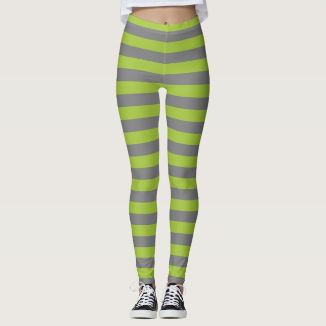 Charcoal Grey and Apple Green Stripes Leggings (Front)
