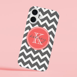 Charcoal Grey and Coral Chevron Custom Monogram iPhone 16 Case