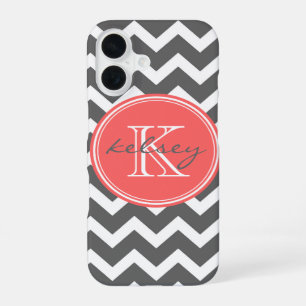 Charcoal Grey and Coral Chevron Custom Monogram iPhone 16 Case