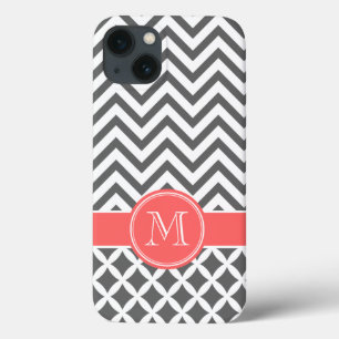Charcoal Grey and Coral Chevron Monogram iPhone 13 Case
