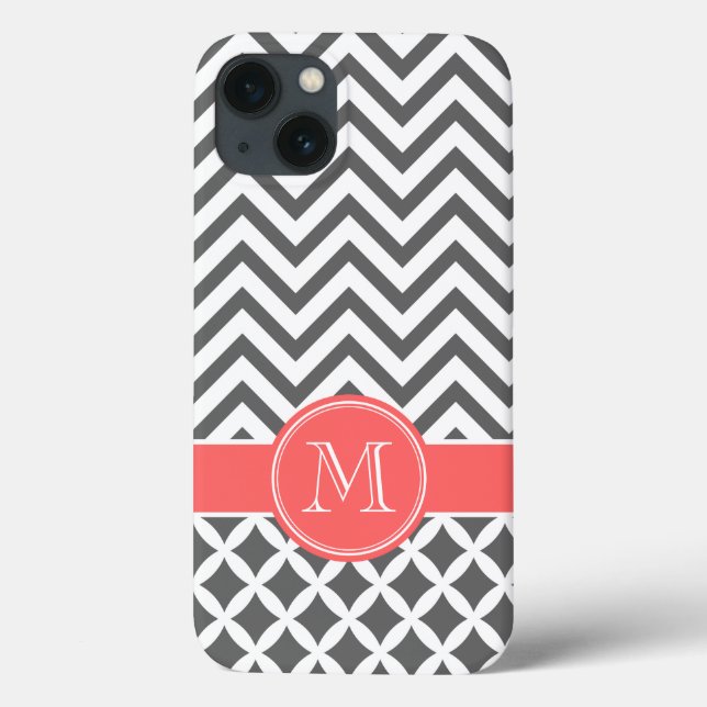 Charcoal Grey and Coral Chevron Monogram Case-Mate iPhone Case (Back)