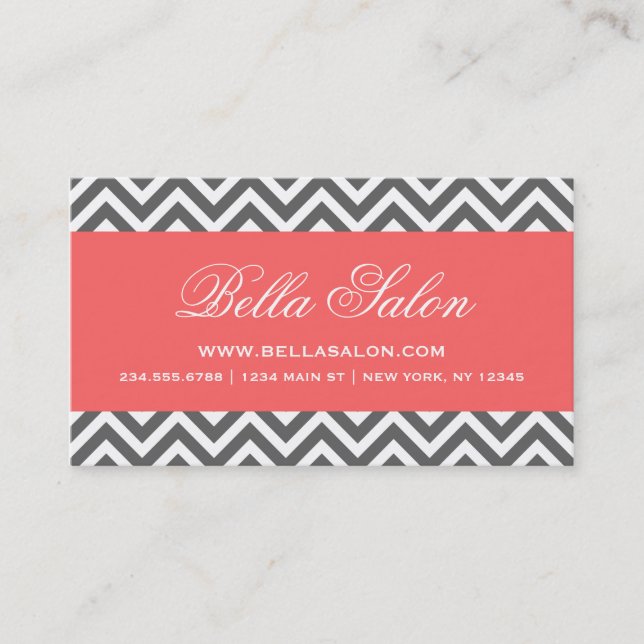 Charcoal Grey and Coral Modern Chevron Stripes Business Card (Front)