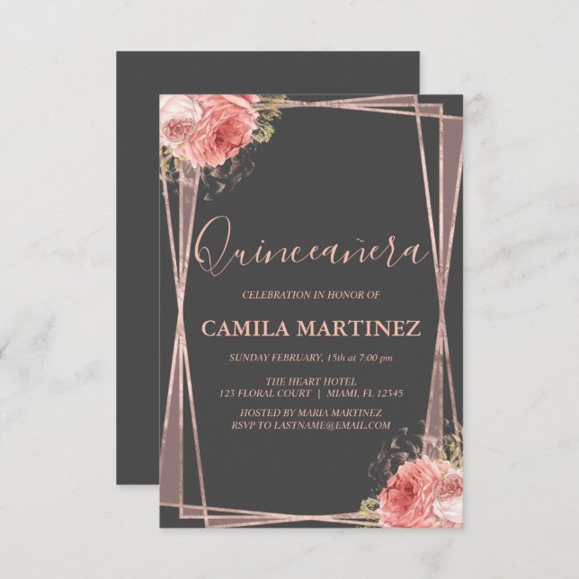 Charcoal Grey and Rose Gold Quinceanera Party Invitation (Front/Back)