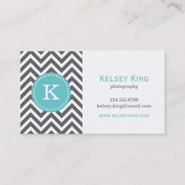 Charcoal Grey and Turquoise Chevron Monogram Business Card (Front)