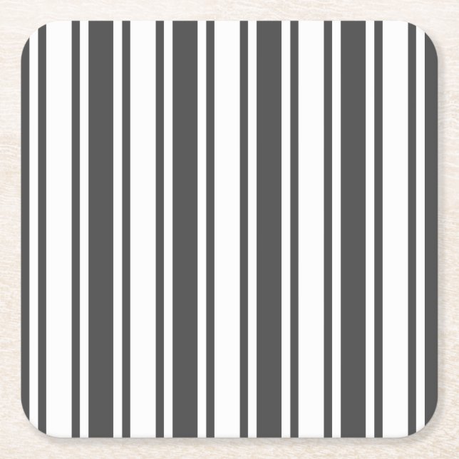 Charcoal grey and white candy stripes square paper coaster (Front)
