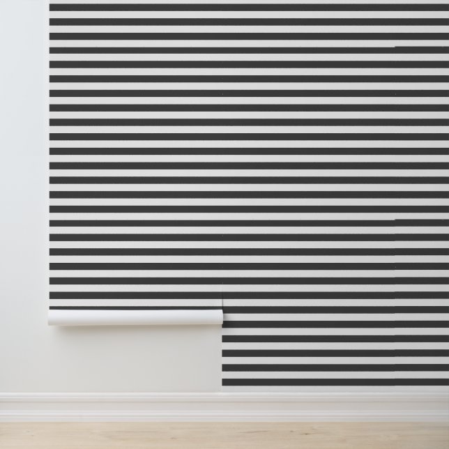 Charcoal Grey and White Classic Horizontal Stripes Wallpaper (Application)