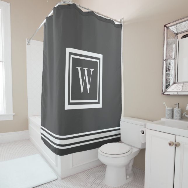 Charcoal Grey and White Classic Square Monogram Shower Curtain (In Situ)
