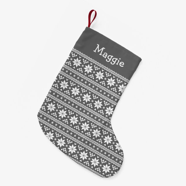Charcoal Grey and White Fair Isle Monogram Small Christmas Stocking (Front (Hanging))