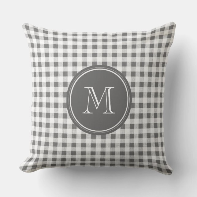 Charcoal Grey and White Gingham, Your Monogram Cushion (Front)