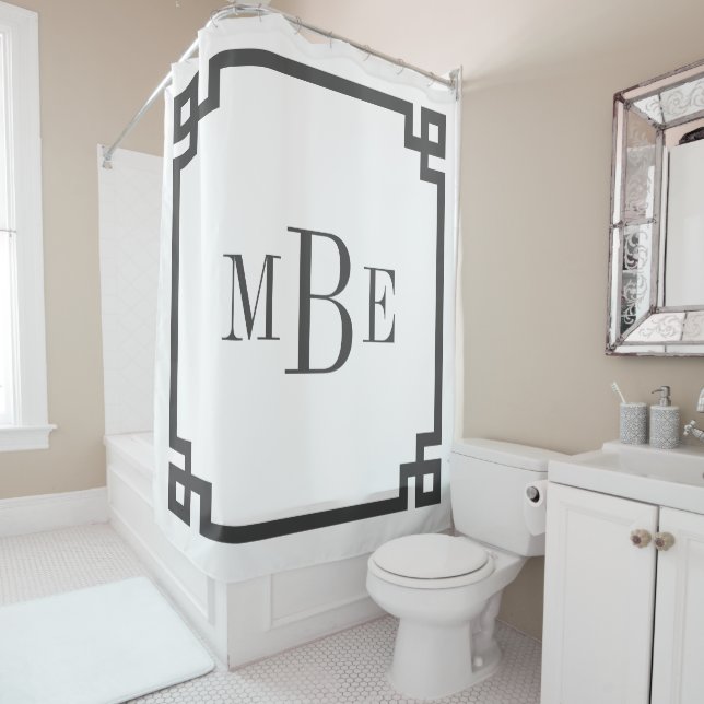 Charcoal Grey and White Greek Key | Monogrammed Shower Curtain (In Situ)