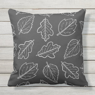 Charcoal Grey and White Leaf Pattern Outdoor Cushion