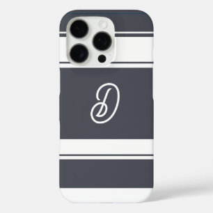 Charcoal Grey and  White Stripes Pattern Monogram iPhone 16 Pro Case