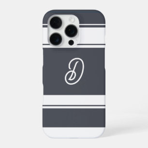Charcoal Grey and White Stripes Pattern Monogram iPhone 16 Pro Case