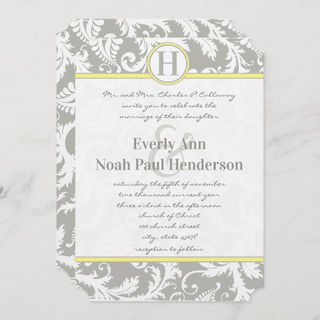 Charcoal Grey and Yellow Wedding Invitations (Front/Back)