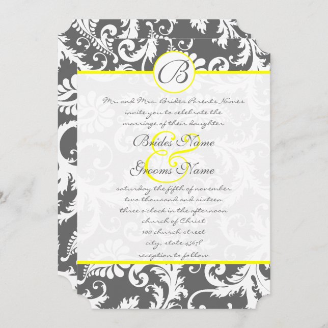 Charcoal Grey and Yellow Wedding Invitations (Front/Back)
