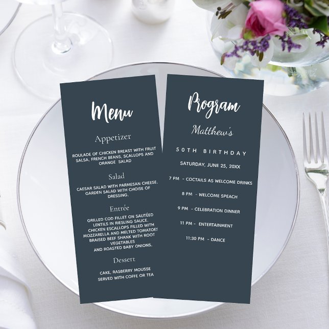 Charcoal grey birthday program dinner menu card (Creator Uploaded)