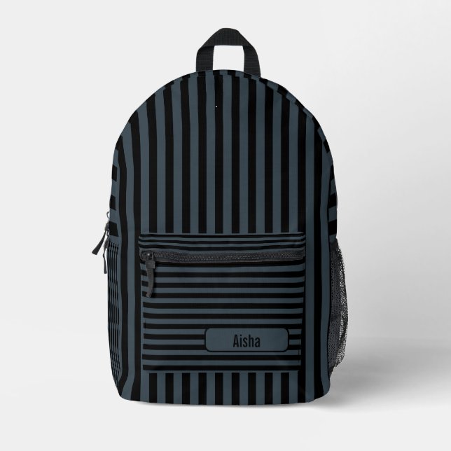 Charcoal Grey Black Vintage Striped Name Printed Backpack (Front)