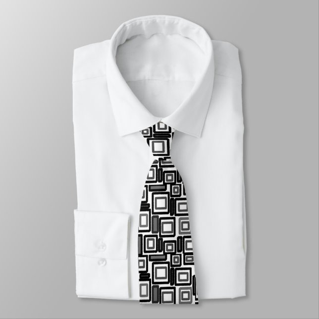 Charcoal Grey Black White Geometric Blocks Tie (Tied)