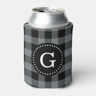 Charcoal Grey Blk Buffalo Check Plaid 1I Monogram Can Cooler