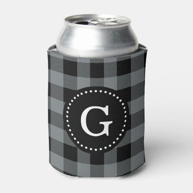 Charcoal Grey Blk Buffalo Check Plaid 1I Monogram Can Cooler (Can Front)
