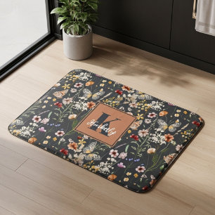 Charcoal Grey Boho Floral Monogrammed Bath Mat