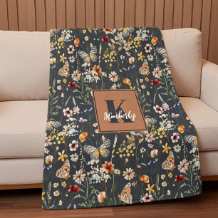 Charcoal Grey Boho Floral Monogrammed Fleece Blanket