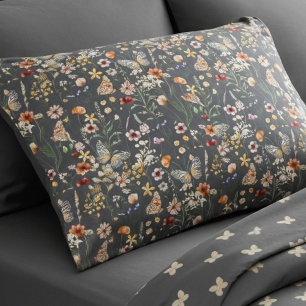 Charcoal Grey Boho Wildflowers Pillowcase