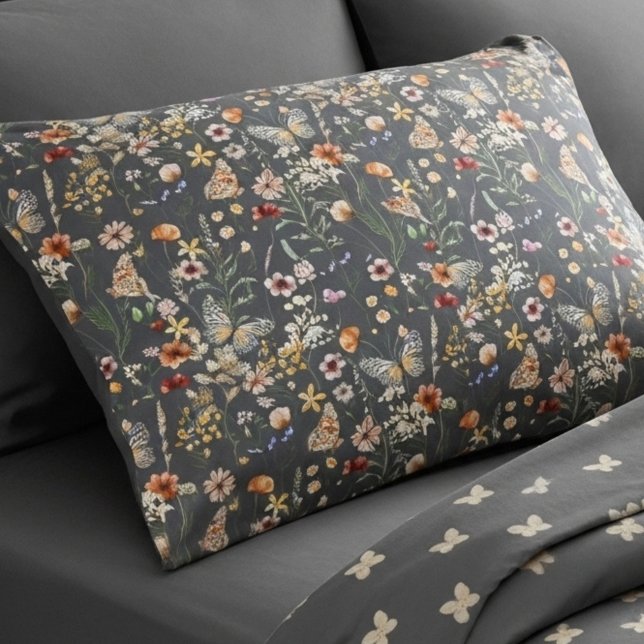 Charcoal Grey Boho Wildflowers Pillowcase (Creator Uploaded)