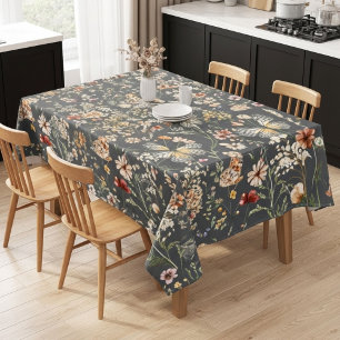 Charcoal Grey Boho Wildflowers Tablecloth