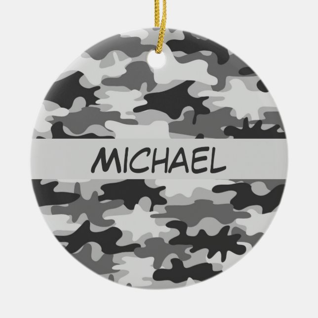 Charcoal Grey Camo Camouflage Name Personalised Ceramic Tree Decoration (Front)